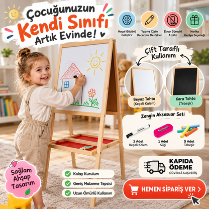 Manyetiksiz Ve Karatahta 100 cm Çocuk Ahşap Yazı Tahtası