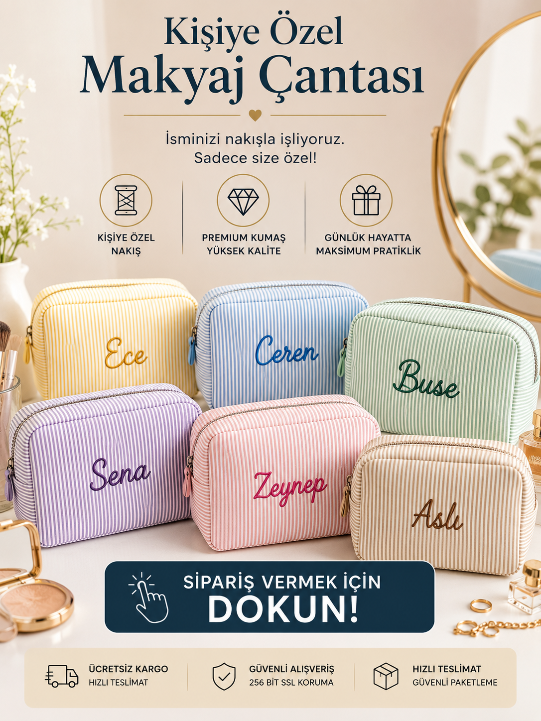 Özel Nakışlı Makyaj Çantası - Kişiselleştirilmiş Kozmetik Çantası