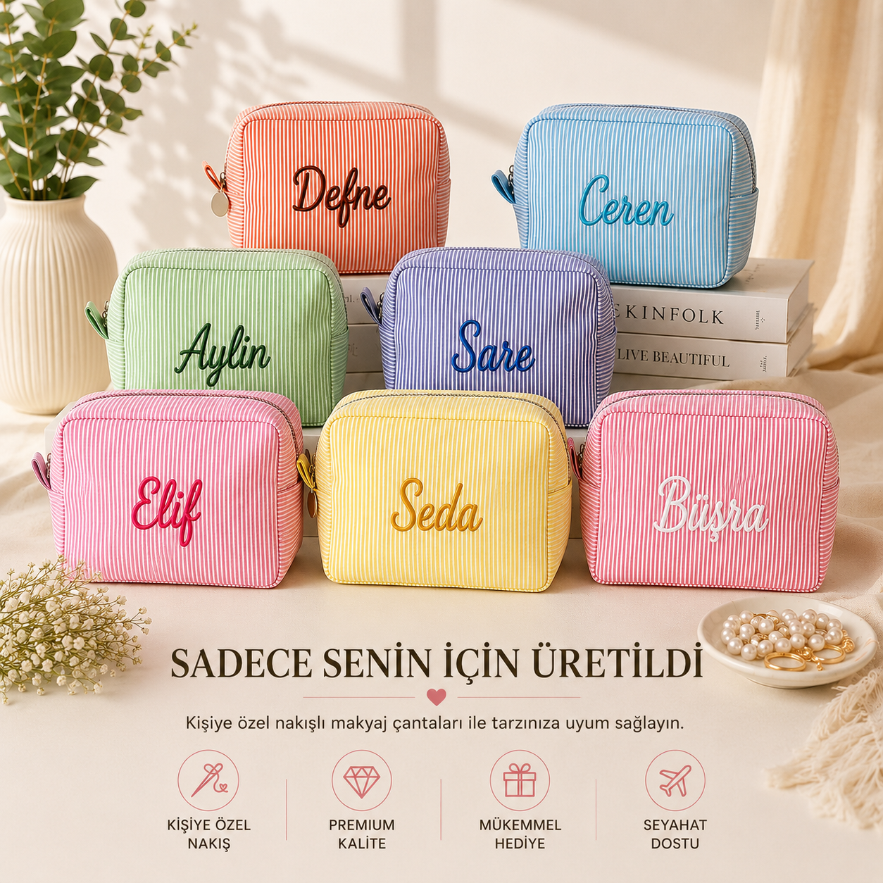 Özel Nakışlı Makyaj Çantası - Kişiselleştirilmiş Kozmetik Çantası