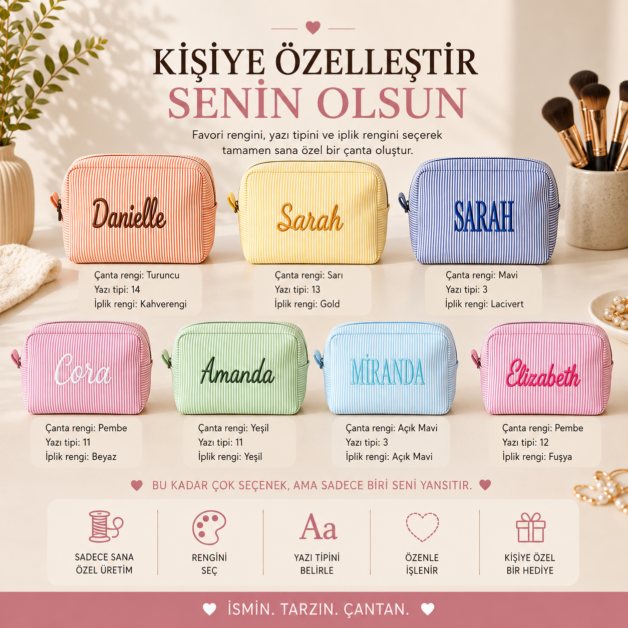 Özel Nakışlı Makyaj Çantası - Kişiselleştirilmiş Kozmetik Çantası