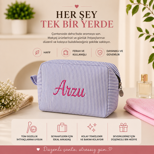 Özel Nakışlı Makyaj Çantası - Kişiselleştirilmiş Kozmetik Çantası