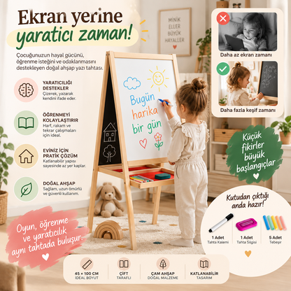 Manyetiksiz Ve Karatahta 100 cm Çocuk Ahşap Yazı Tahtası