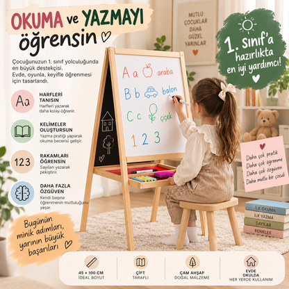 Manyetiksiz Ve Karatahta 100 cm Çocuk Ahşap Yazı Tahtası