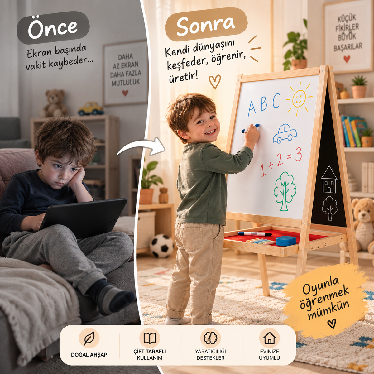 Manyetiksiz Ve Karatahta 100 cm Çocuk Ahşap Yazı Tahtası