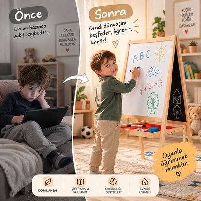 Manyetiksiz Ve Karatahta 100 cm Çocuk Ahşap Yazı Tahtası