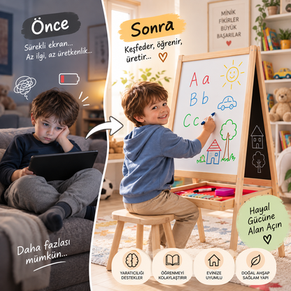Manyetiksiz Ve Karatahta 100 cm Çocuk Ahşap Yazı Tahtası